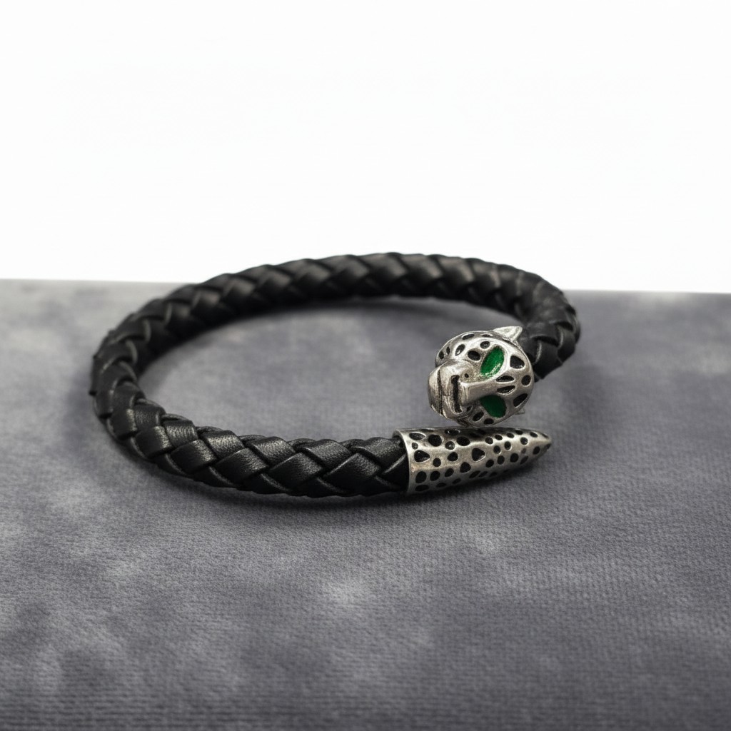 The Sovereign Panther Braided Leather Bracelet (BLACK)