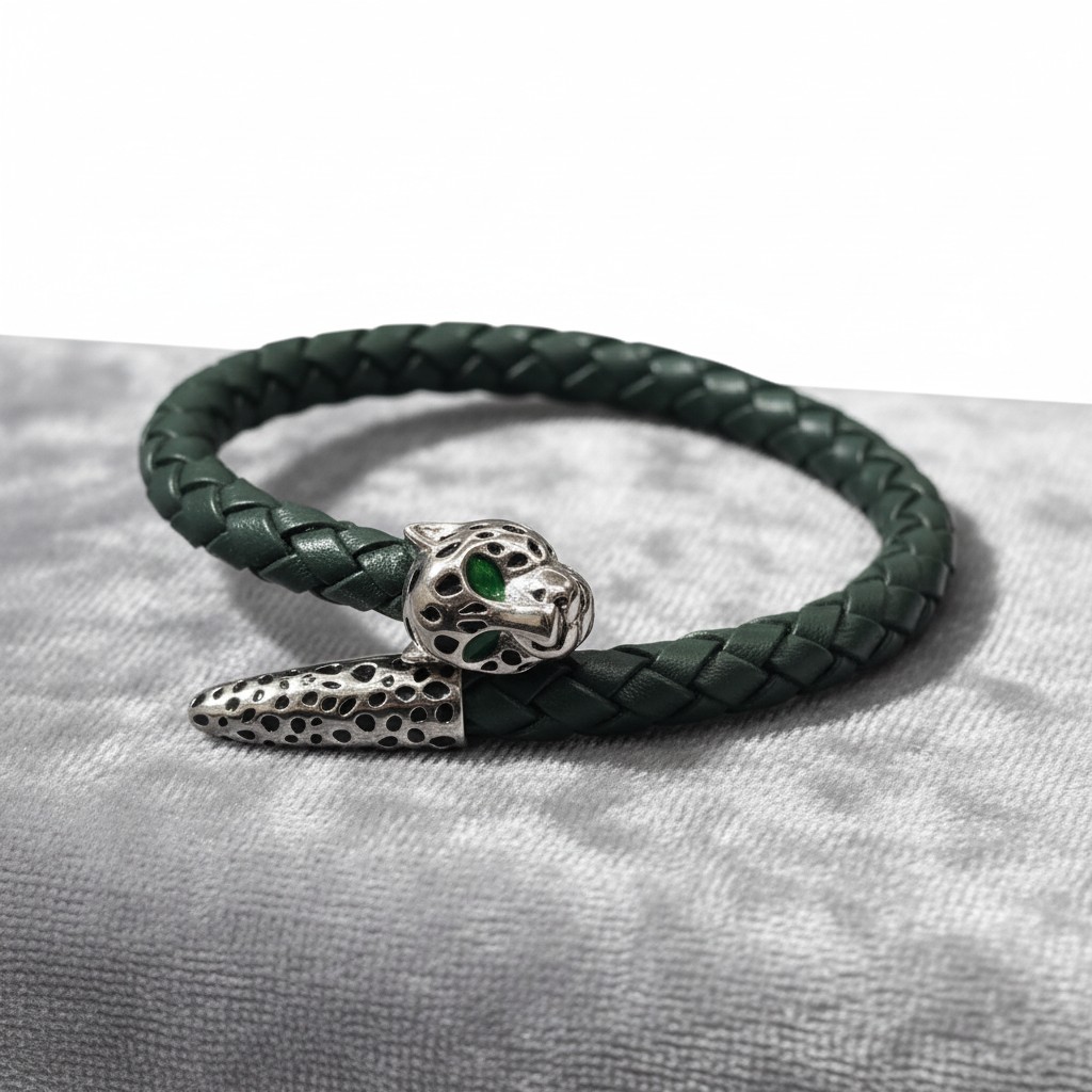 The Sovereign Panther Braided Leather Bracelet (GREEN)