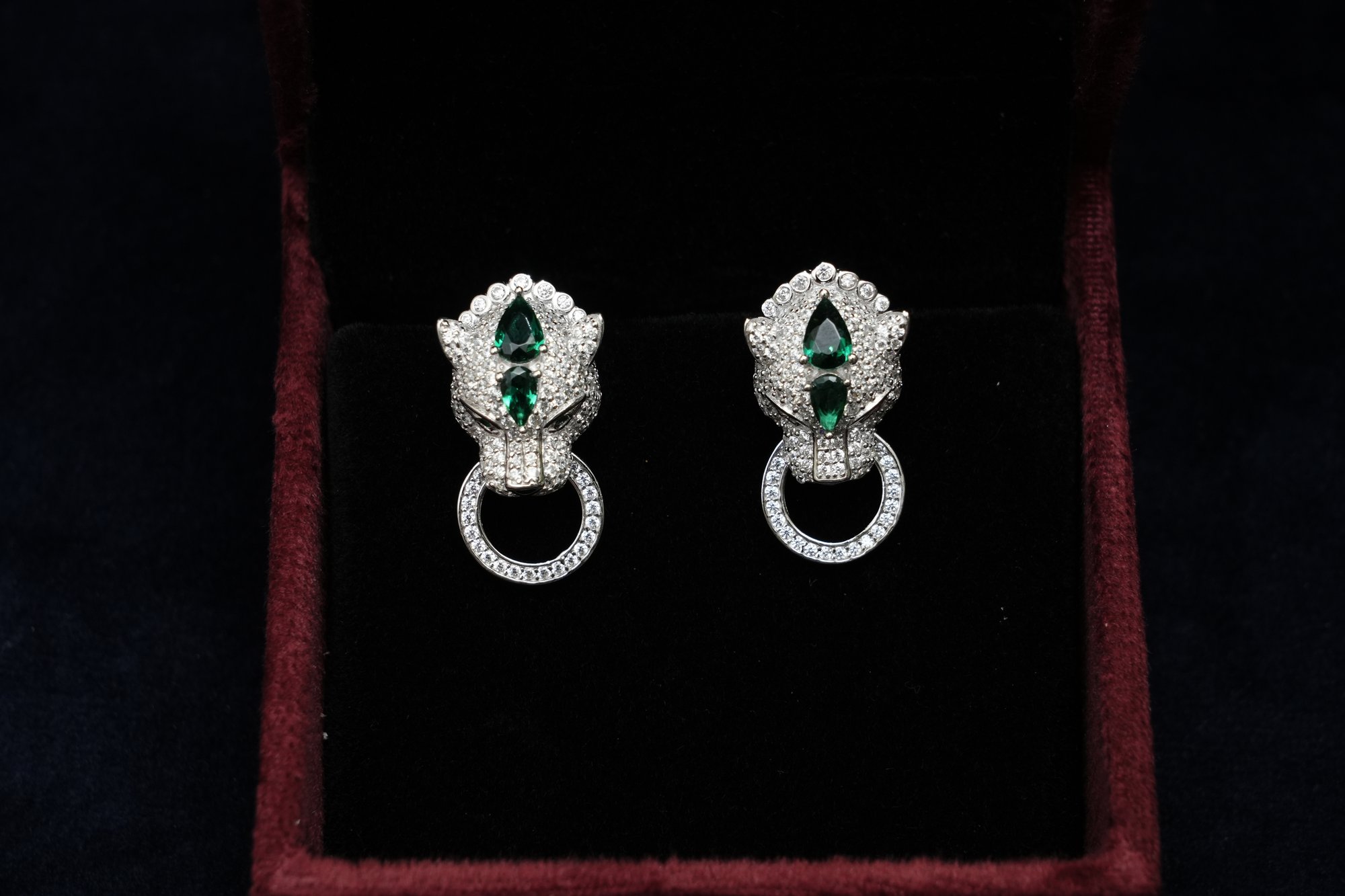 Emerald Green Panther Door Knocker Earrings.