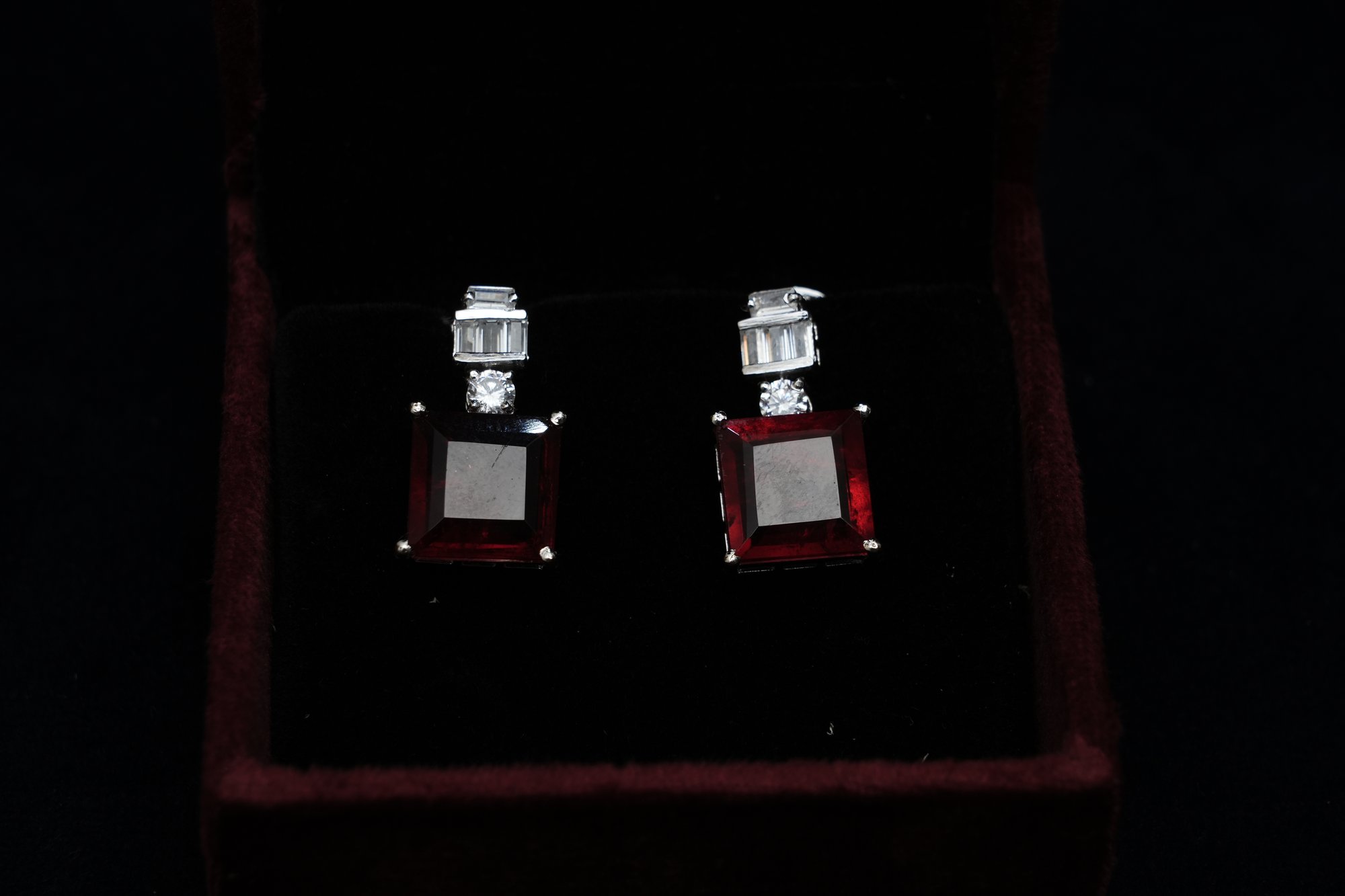 Radiant Crimson Princess-Cut Drop Earrings