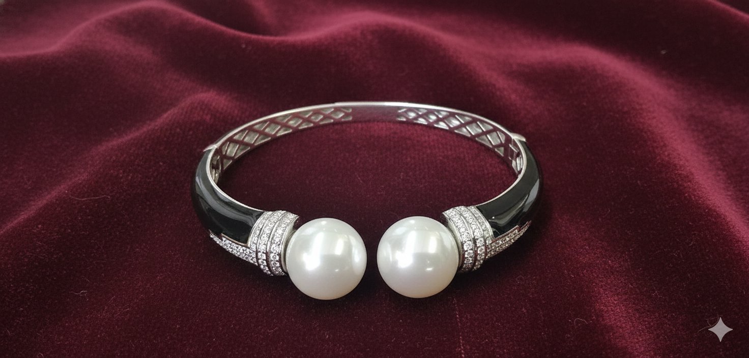 Silver Pearl & Onyx Open Bracelet